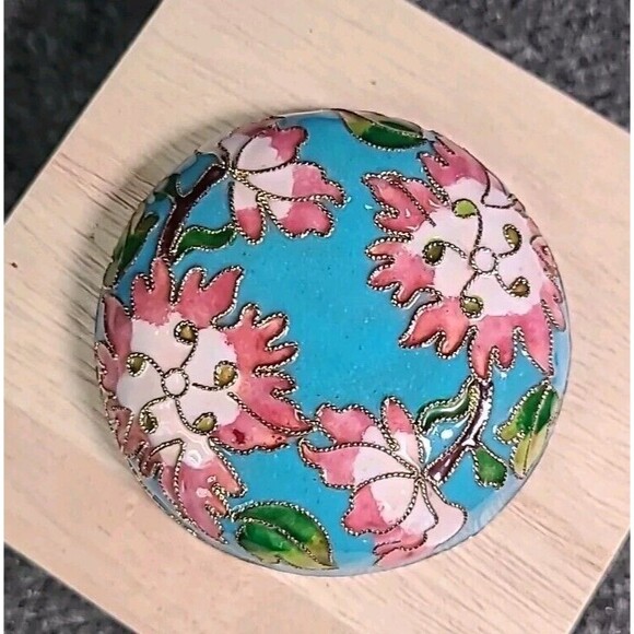 Vintage Cloisonne Small Round Enameled Trinket Box Blue Floral 2.75 In. - Picture 4 of 6